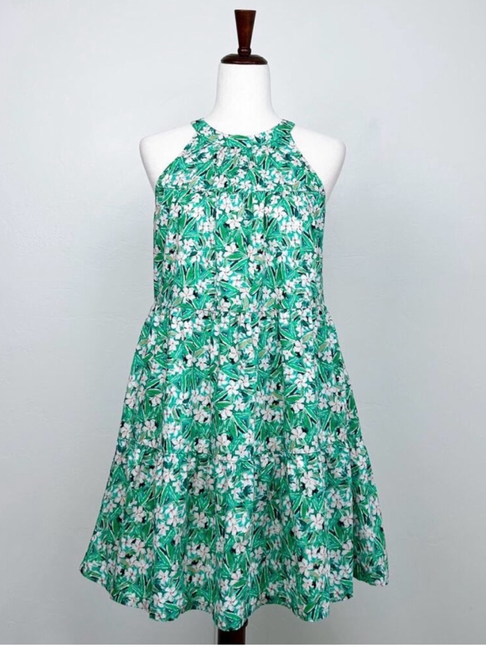 Jade Melody Tam Green Floral Tiered Linen Cotton Sleeveless Halter Mini Dress